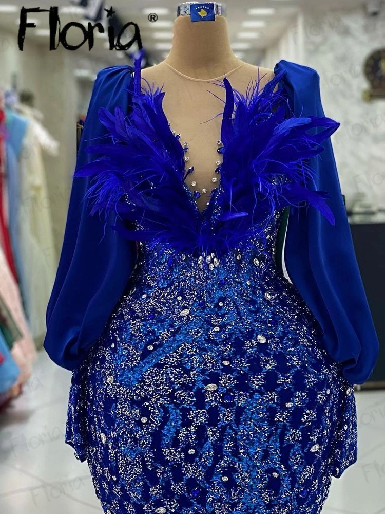 Vestido de noite muçulmano para mulheres, beading completo, pescoço de penas, azul royal, vestidos de casamento, Arábia Saudita, tamanho grande