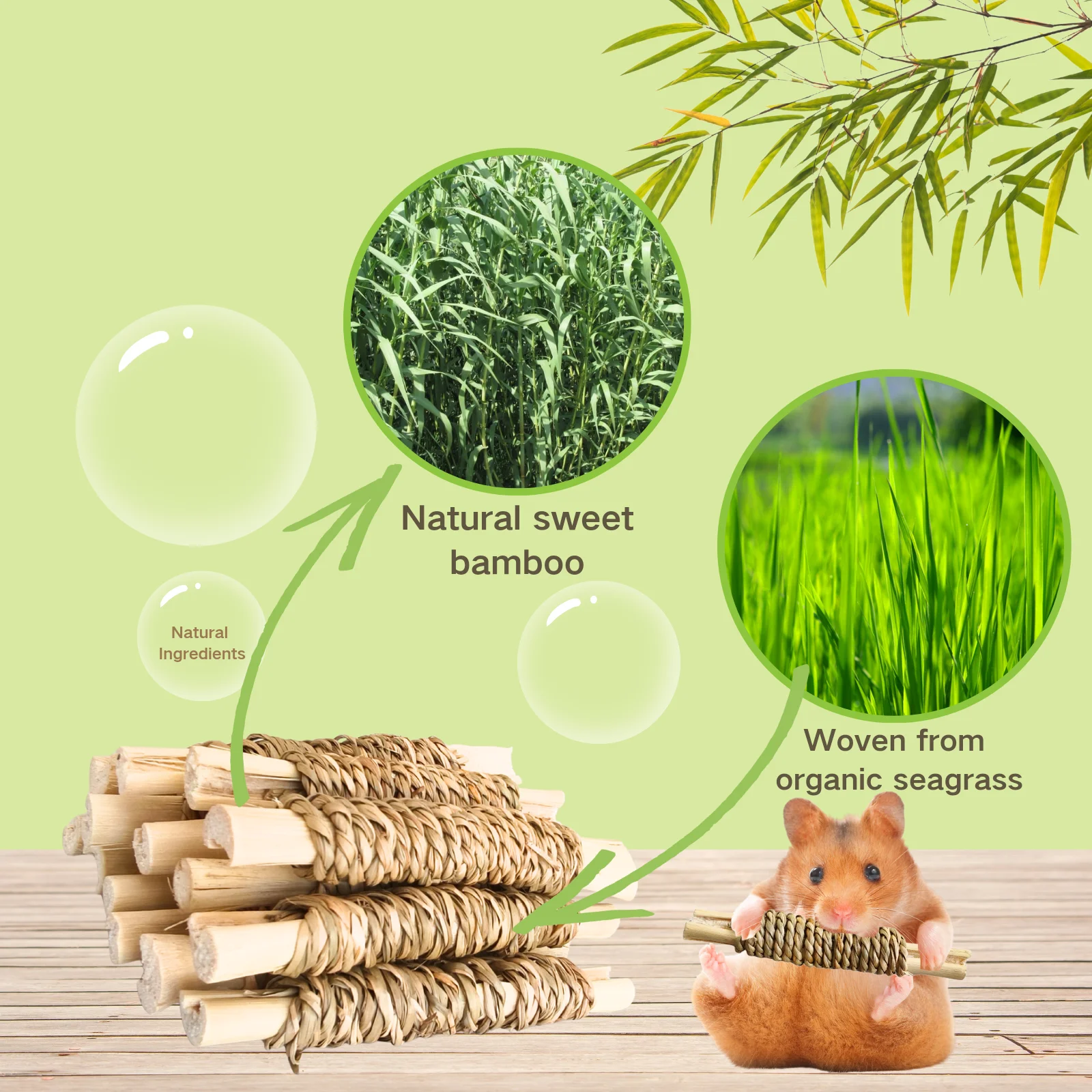 15 Pack Natural Water Grass Woven Sweet Bamboo Chew & Dental Interactive Toys for Rabbits, Guinea Pigs, Chinchillas and Hamsters view 2
