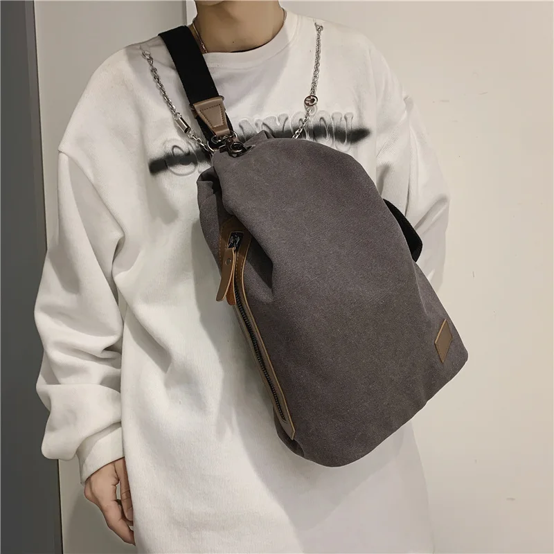 VC 2023 Trend Retro Men's Canvas Chest Bag Hip Hop Streetwear Youth Shoulder Bag Minimalist Large Capacity Crossbody Bag for Men