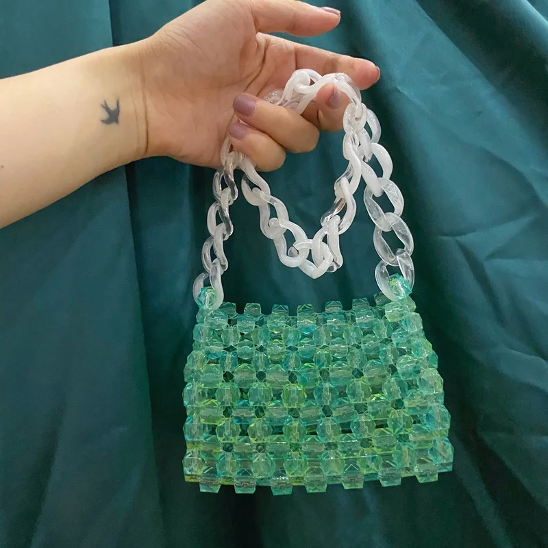 

2022Summer Cute Green Designer Purple Hand Shoulder Small Luxury Mini Handmade Beaded Chain Fashion Purse Handbags for Women