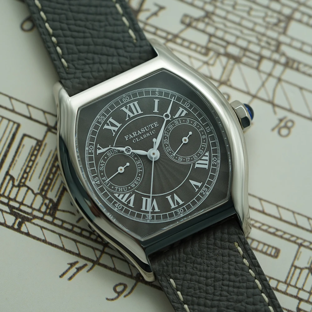 FARASUTE 36mm Casual Week Calendar Waterproof Wristwatch Male Japan VH64 Quartz Movement Watch Men Sapphire Montres Pour Hommes