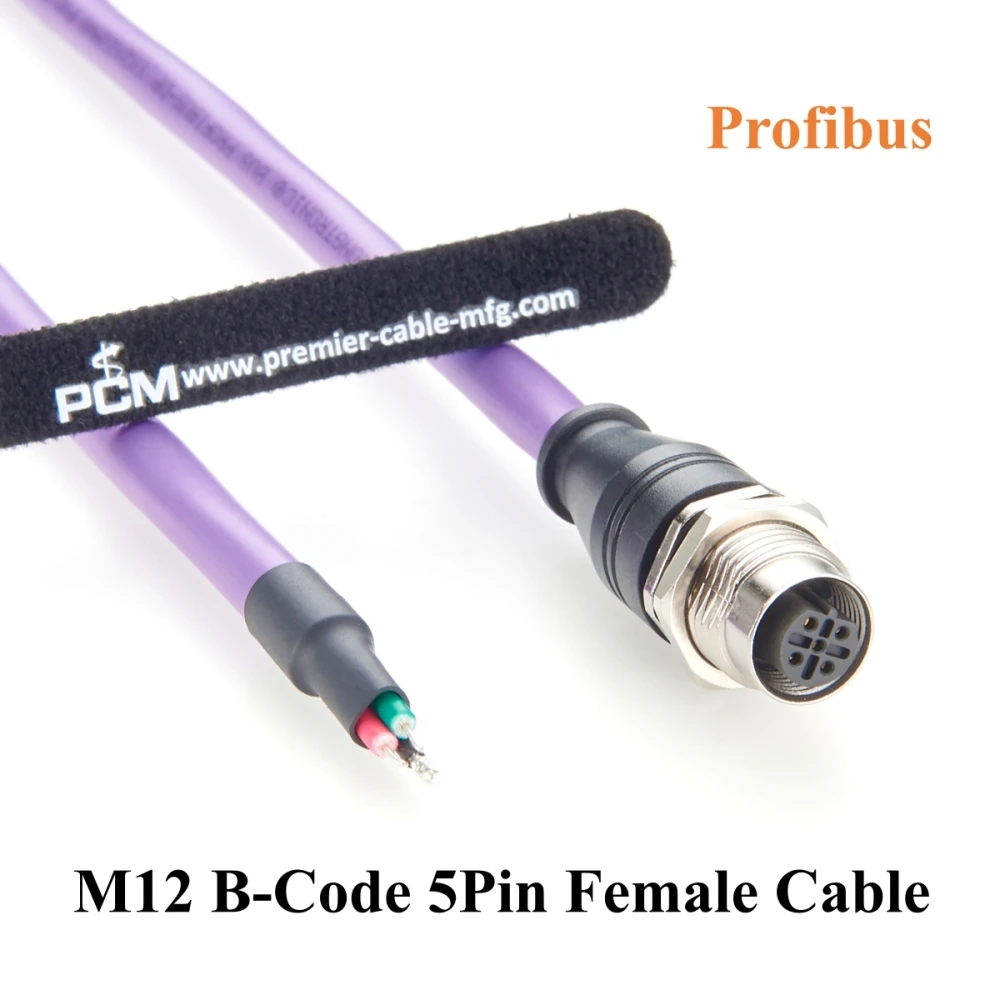 M12 B-Code 5 Pin Female Panel Mount Profibus Cable IP67 Shielded M12 to Open End Wire for Fieldbus Networks, Control Panels