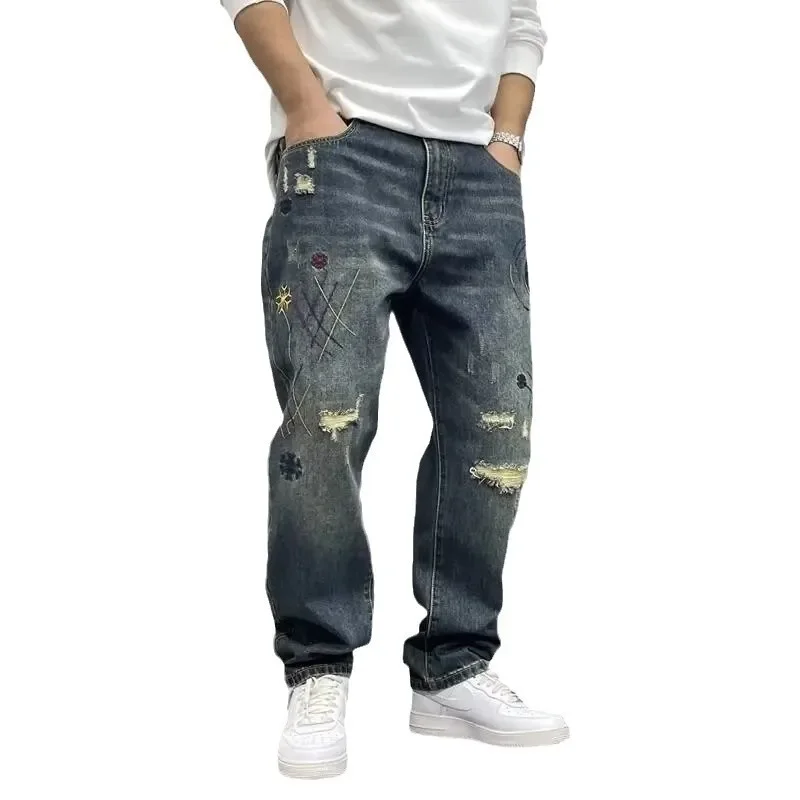 Heavy Duty Washed and Scraped Denim Jeans for Men, Stylish and Stylish, with High-end Embroidered Prints and Loose Tapered Strai