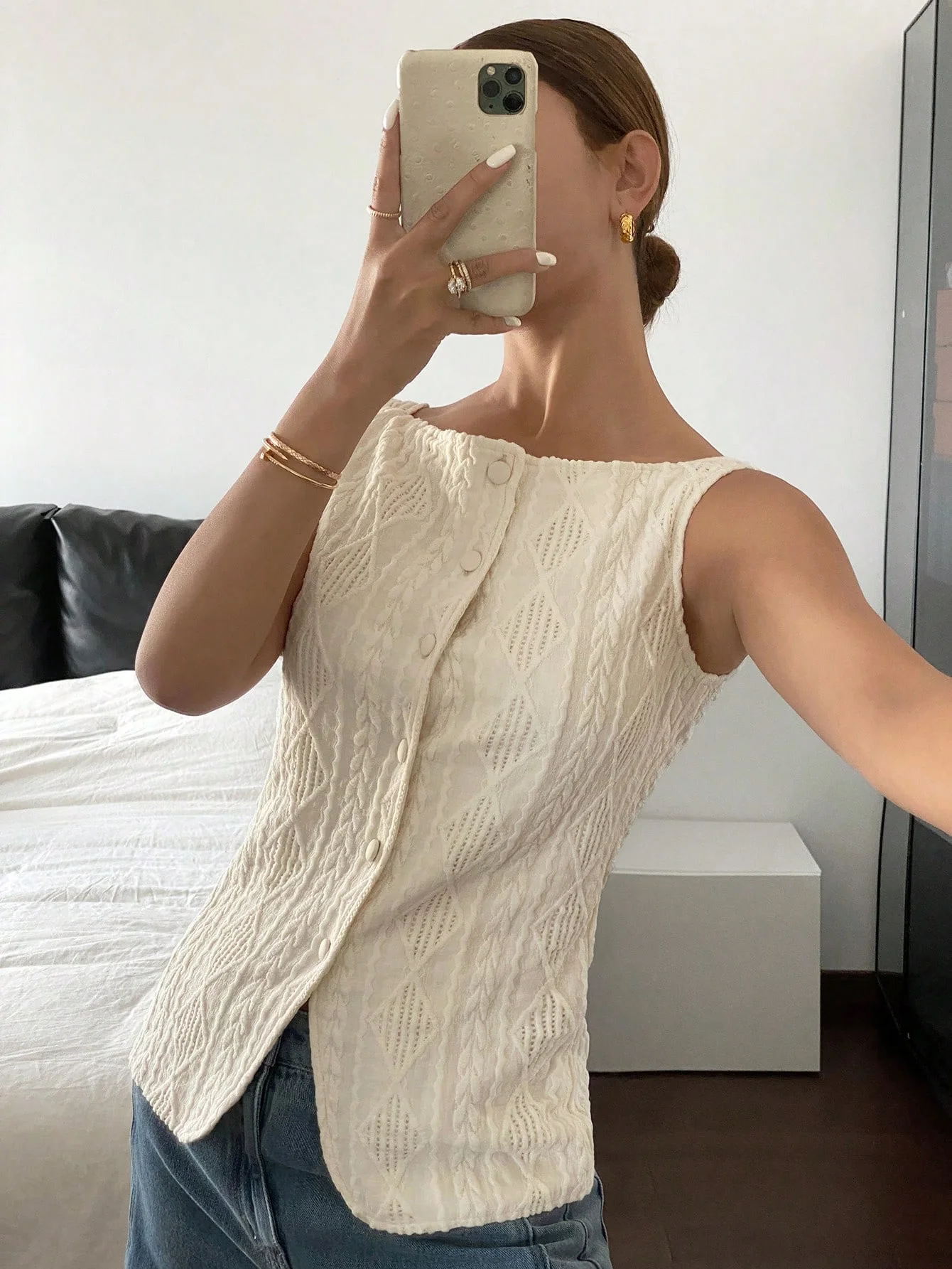 Women's summer sleeveless geometric texture single breasted casual shirt image 3