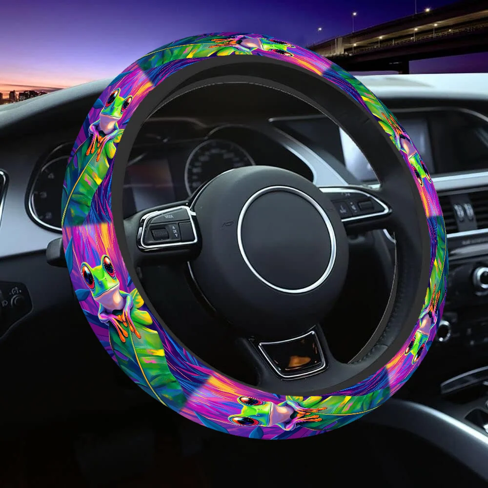 1pc-Neon Frog Fantasy, printed Steering Wheel Covers Anti Slip Elasticity Car Accessories Steering Wheel Protector