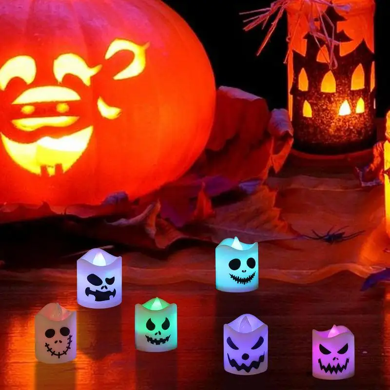 6 sztuk kreatywne Halloween świece elektroniczne duch migoczące świece bezpłomieniowe upiorne zasilane bateryjnie podgrzewacze LED Decor