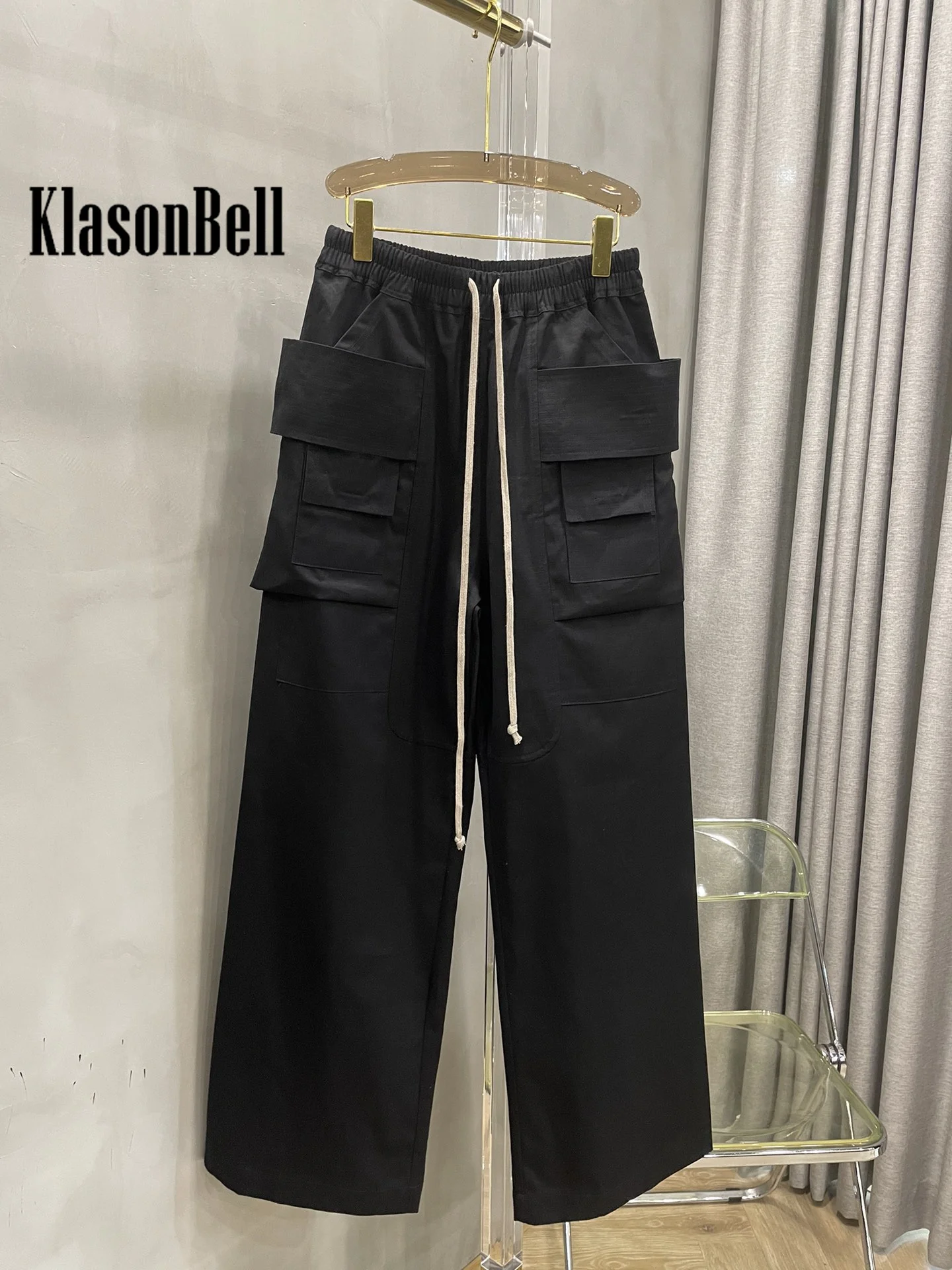 Imagem -02 - Klasonbell-calça Preta de Perna Larga Feminina Calça Casual Solta Bolso Duplo com Cadarço Elástico na Cintura 10.26