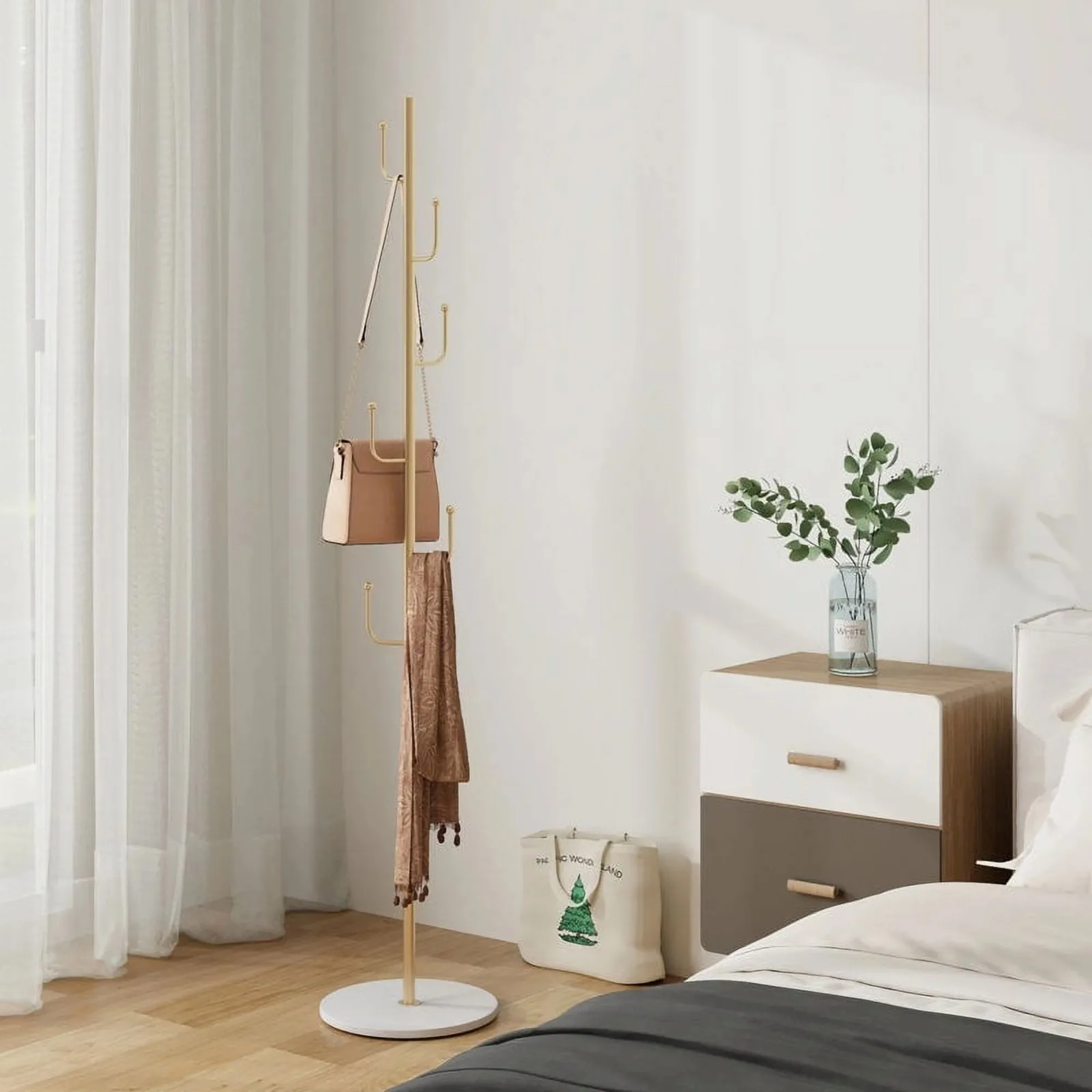 

Coat Rack 6 Hooks 64.5 in Freestanding Metal Coat Rack Coat and Hat Hanger Organizer Rack Garment Stand with White Stone Base