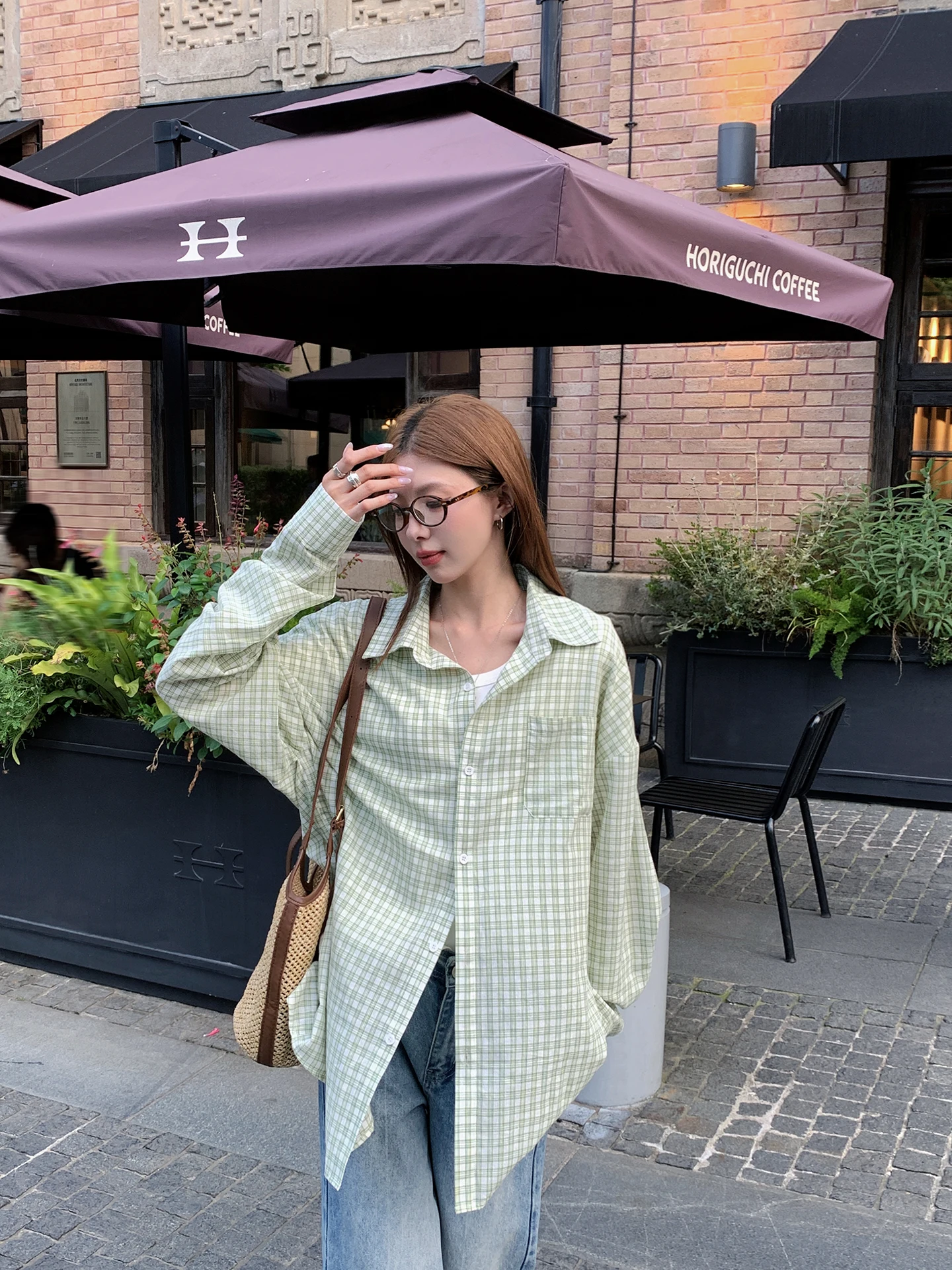 

LingLai Green Plaid Shirt Women's Spring Summer Lightweight Long Sleeve Loose Casual Top Fashionable Sunscreen Shirt