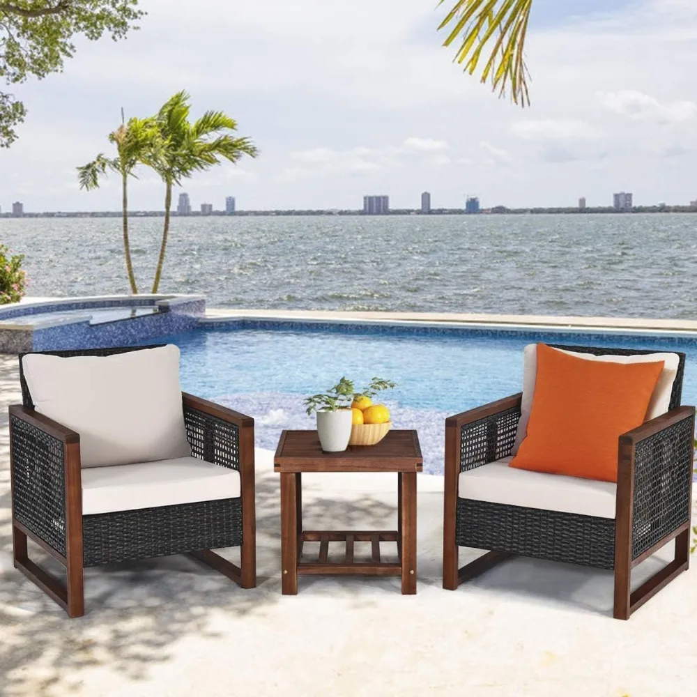 

3 Pieces Patio Furniture Set, Rattan Outdoor Front Porch Chairs with Wood Coffee Table & Cushion, Comfy Wicker Patio Set
