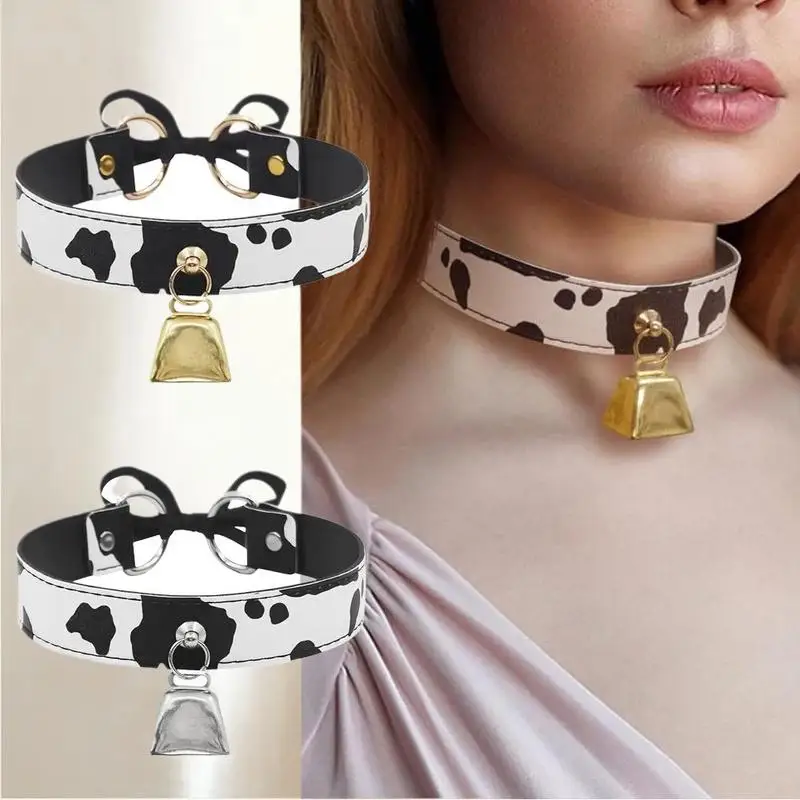 Sexy Leather Cow Print Bell Pendant Collar Choker Necklace For Women Punk Gothic Sweet Bow Necklaces Cosplay Party Jewelry Gifts
