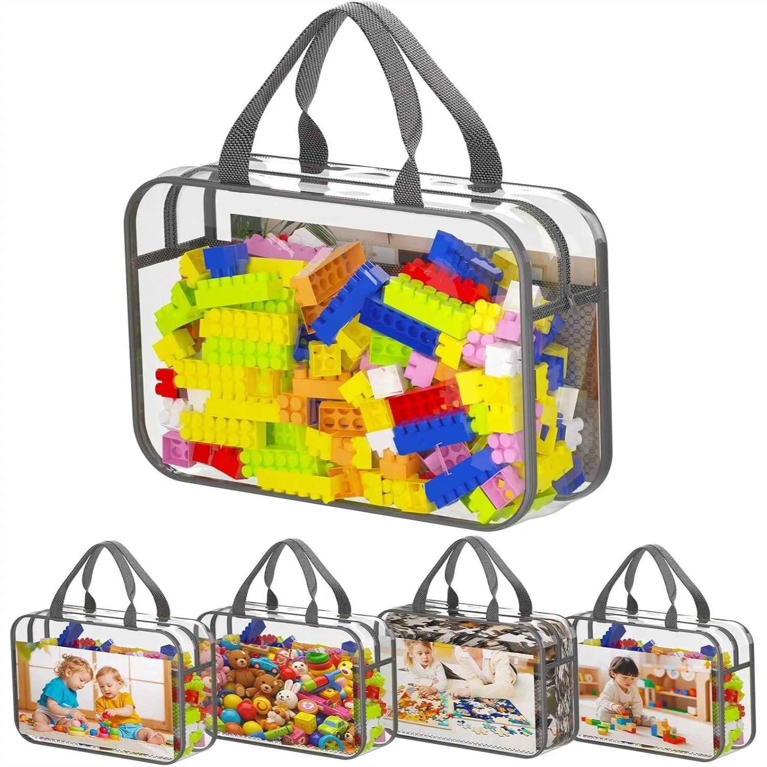 Paquete de 4 Bolsas Grandes para Guardar Juguetes con Bolsillos de Malla para Bloques, Rompecabezas, Libros y Juguetes de Peluche
