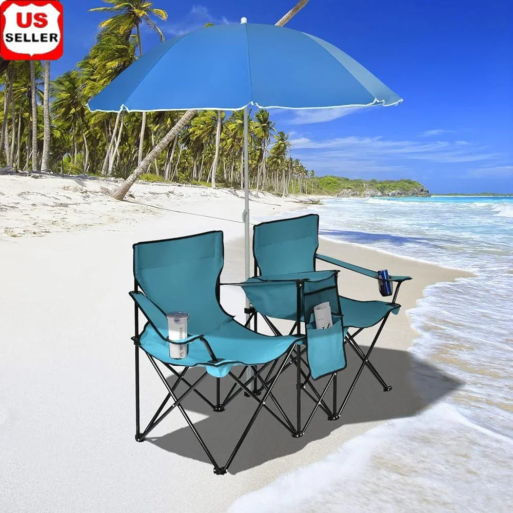 Double Folding Beach Chairs with Removable Umbrella Portable Loveseat with Mini Table Outdoor Picnic Camping Durable Steel Frame