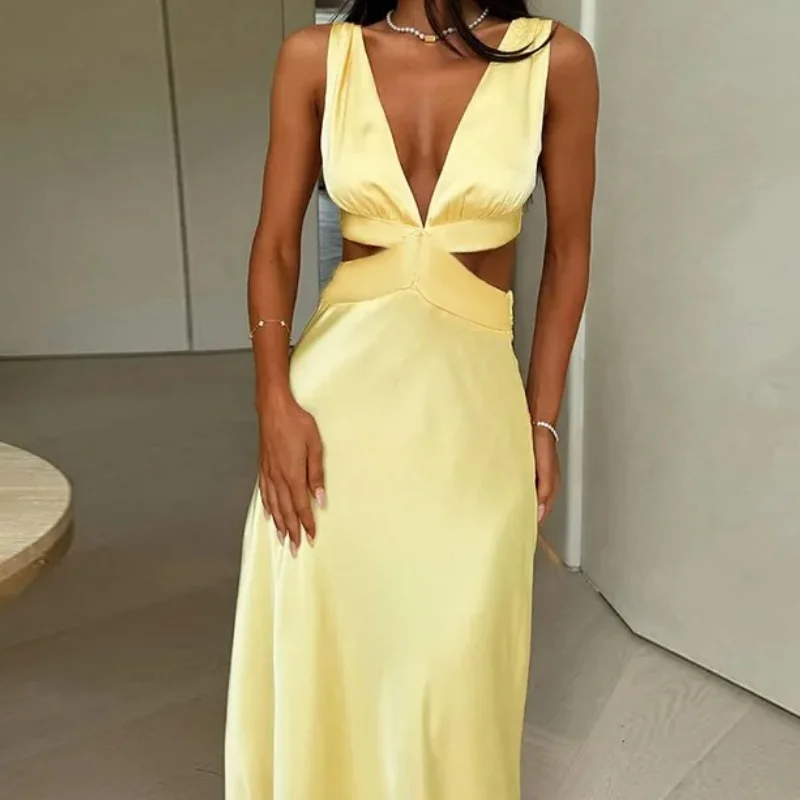 Abito sexy scollato per le donne Abiti lunghi vintage in raso con scollo a V senza maniche a vita alta 2025 Nuovo abito da sera per feste