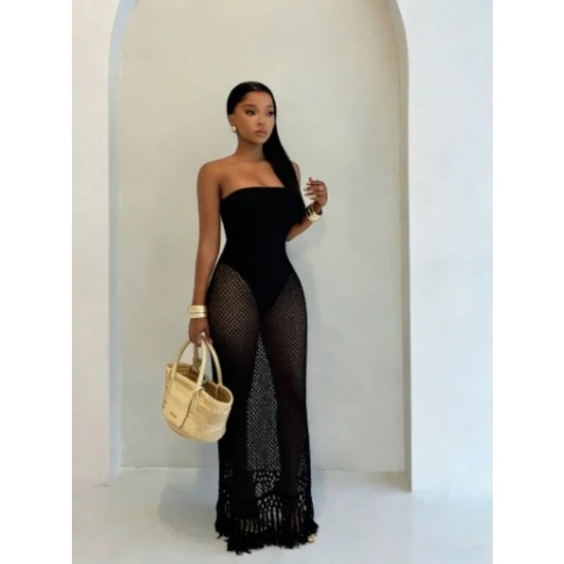 Damen Trägerloses Maxikleid aus Mesh mit Ausschnitten, Strick und Quasten, langes Kleid, Sommer-Strand-Cover-up, Tube-Bodycon-Kleid für Urlaub und Party – Detail 2