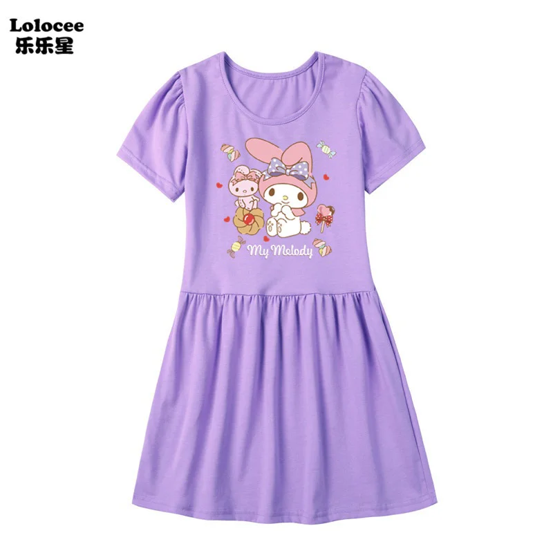 Sanrios Hello Kittys Dress My Melody Kuromi Girls Short Sleeve Dress Cartoon T-Shirt Fashion Princess Dress Summer Kids Clothes