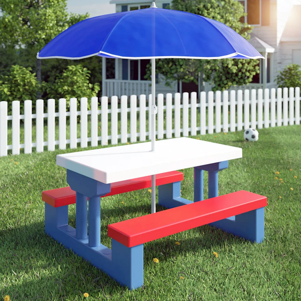 Children's outdoor table and chair set with parasol, picnic folding table