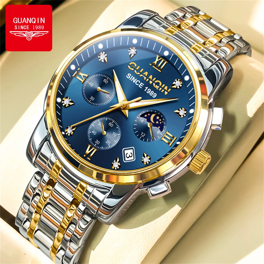 GUANQIN Men Watches Classic Fashion Fine Steel Sapphire Mirror Original Quartz Wristwatch Moon Phase Chronograph Date Waterproof