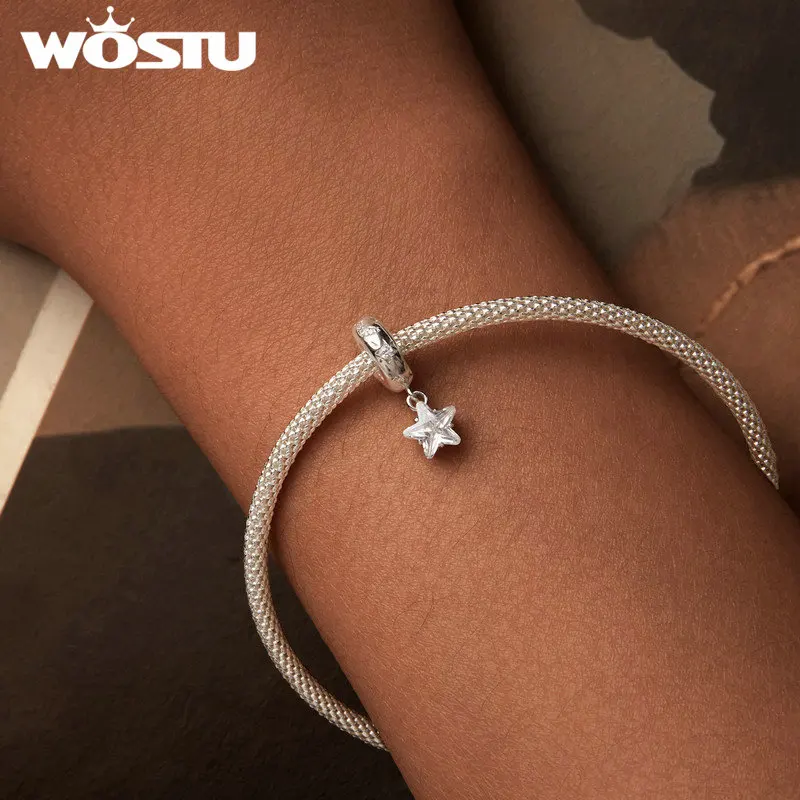 WOSTU 925 Sterling Silver Transparent Star Beads with Silicone Stopper Moon Pendant Fit Original Bracelet Fantasy Jewelry Gift