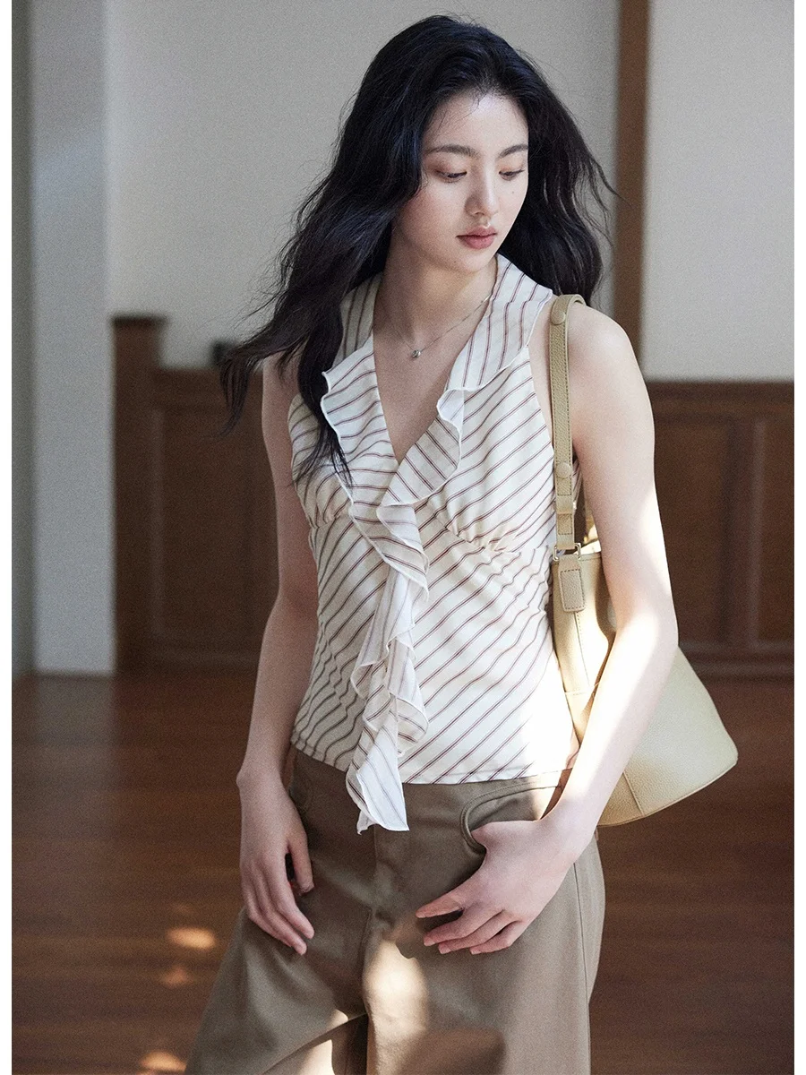 

Женский топ с V-образным вырезом и полосками, модный дизайн, повседневный, винтажный, приталенный, укороченный, с открытыми плечами