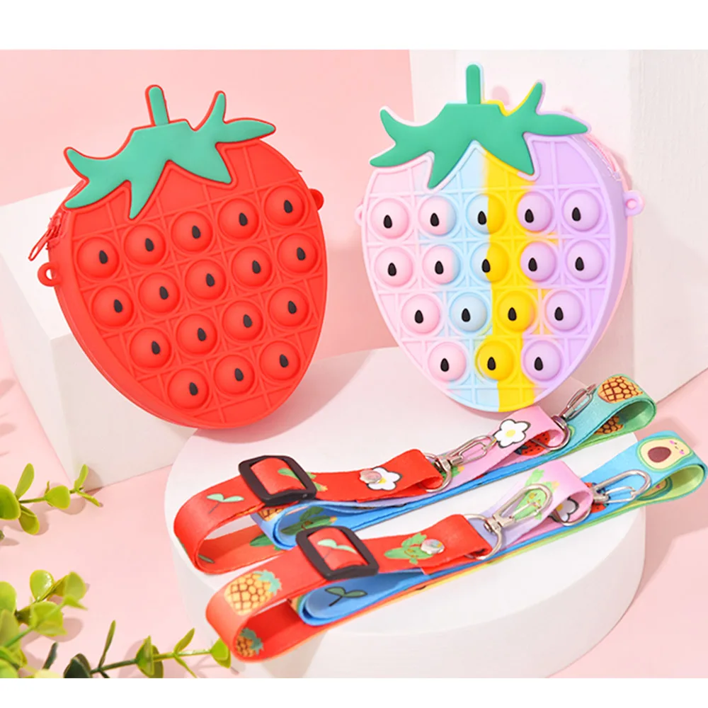 

Fidget Toys Crossbody Bag Push Bubbles Dimple Strawberry Coin Purse Keychain Lady Silicone Wallet Storage Bag For Women Girls