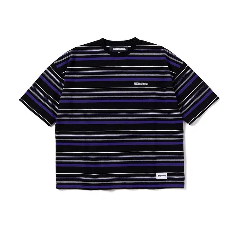 JP. Trendy NEIGHBORHOOD Heavy Embroidery Cotton Loose Casual Stripe NBHD Short Sleeve T-shirt Men 23AW