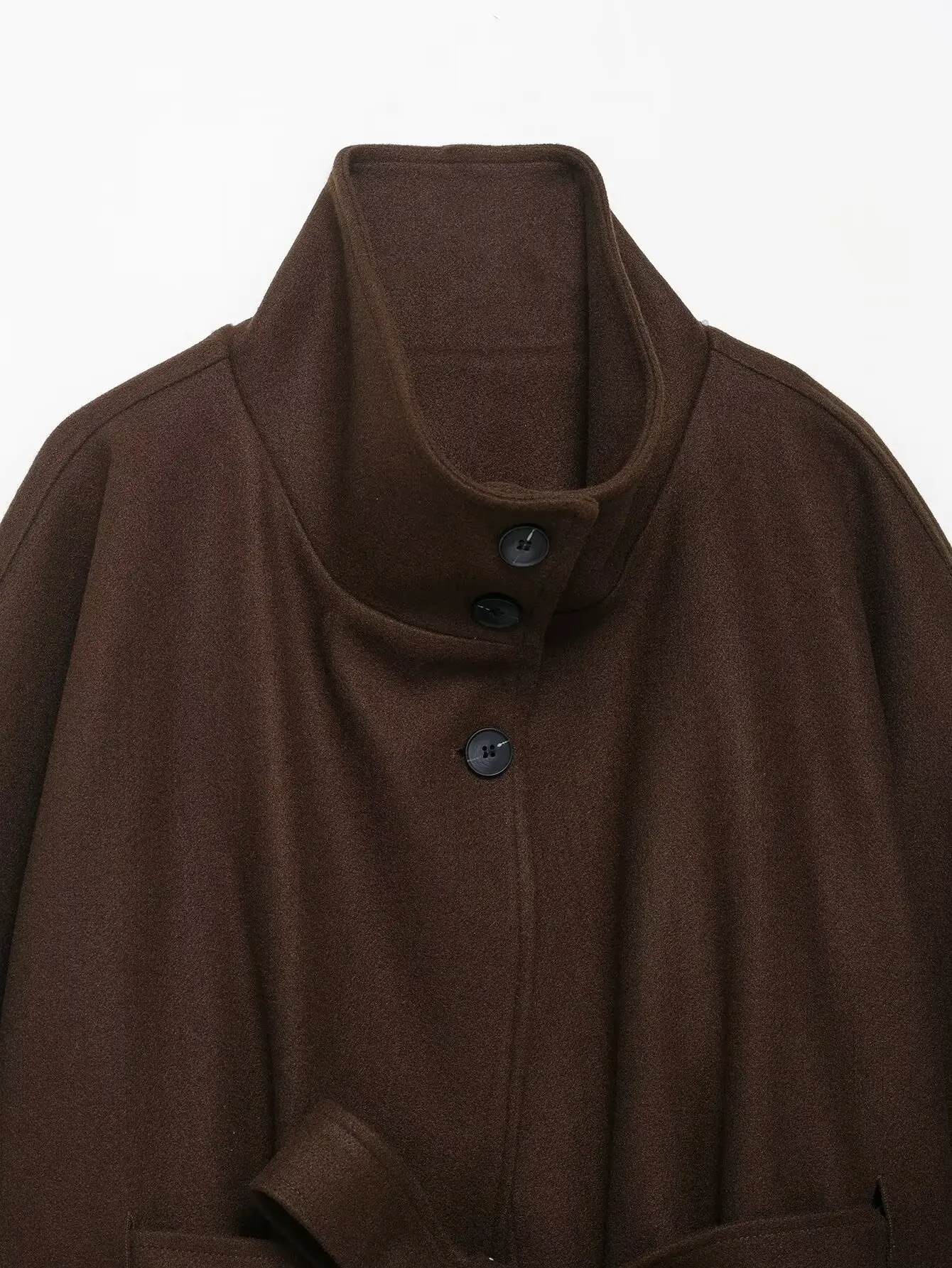 Outono inverno mulher casual chique curto casaco de lã sólido gola alta cinto botão moda feminina mangas compridas casacos soltos