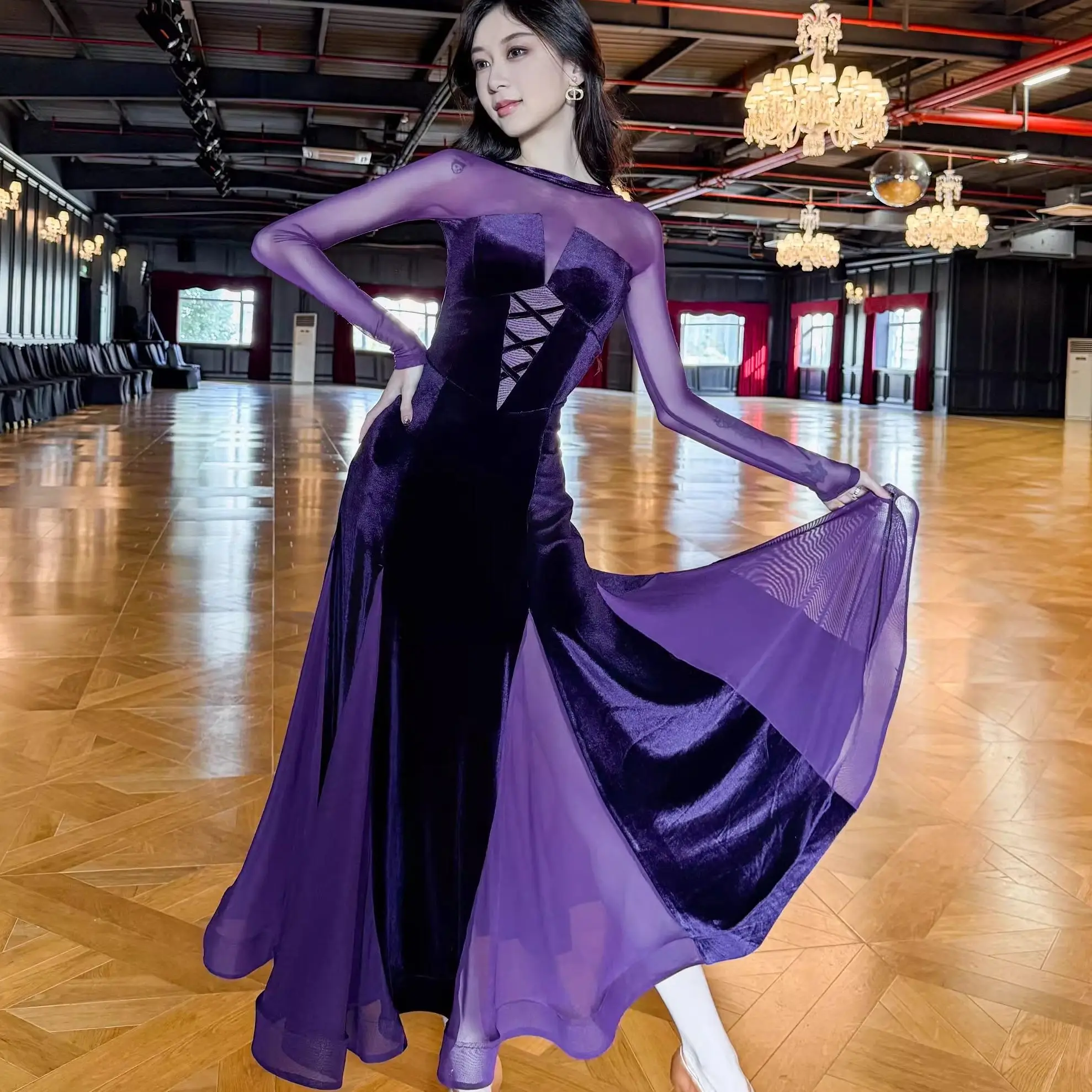 2025 New Ballroom Dance Competition Dress Women Mesh Velvet Sexy Waltz Dance Performance Clothes Fox Trot Dance Dress BL14625