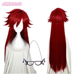 High Quality Kuroshitsuji Black Butler Grell Sutcliff Wigs Red Long Heat Resistant Hair Cosplay Wig + Skull Chain Glasses