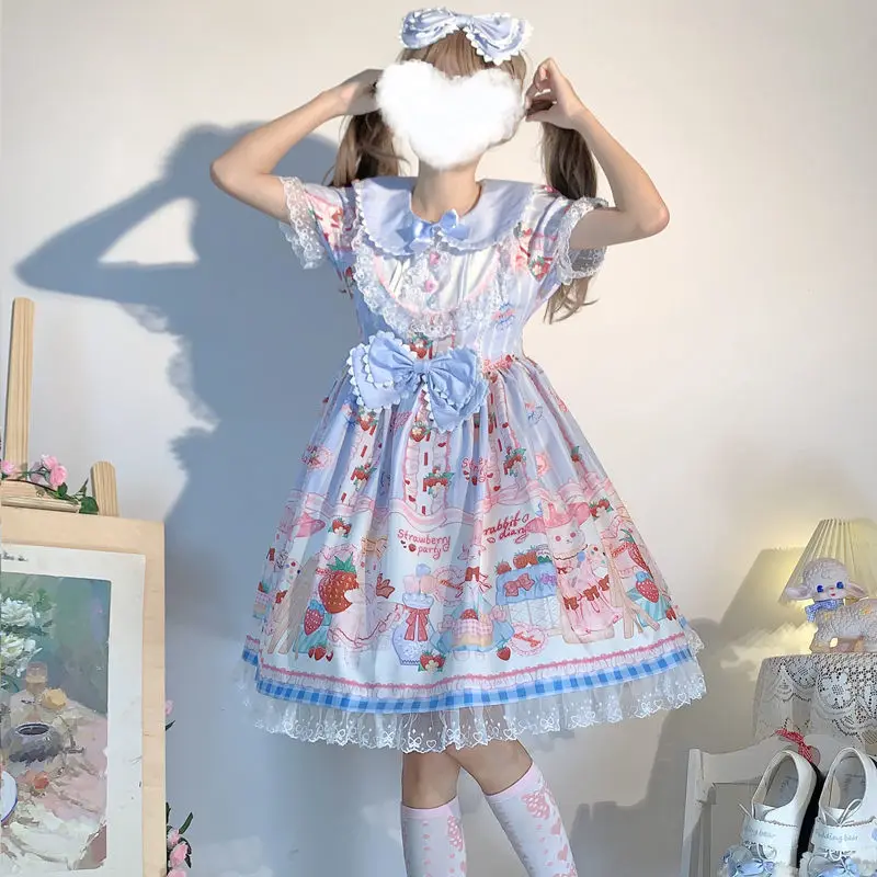 Japanese Style Sweet Lolita Princess Dress Women Cute Cartoon Strawberry Print Bow Strap Dress Kawaii Girl Tea Party Mini Dress