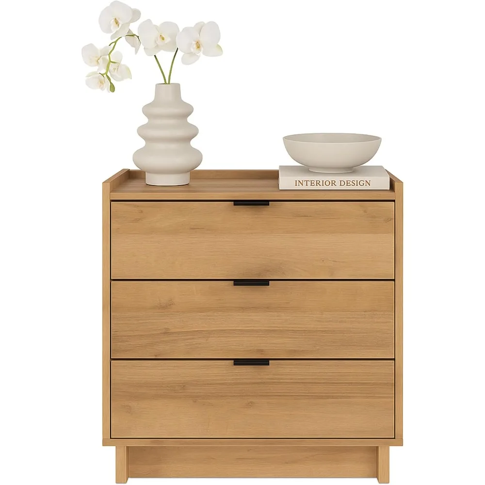 منضدة حديثة بسيطة من خشب البلوط الطبيعي، طاولة جانبية لغرفة النوم مع 3 أدراج، الأبعاد 26.5 عرض × 26.75 ارتفاع