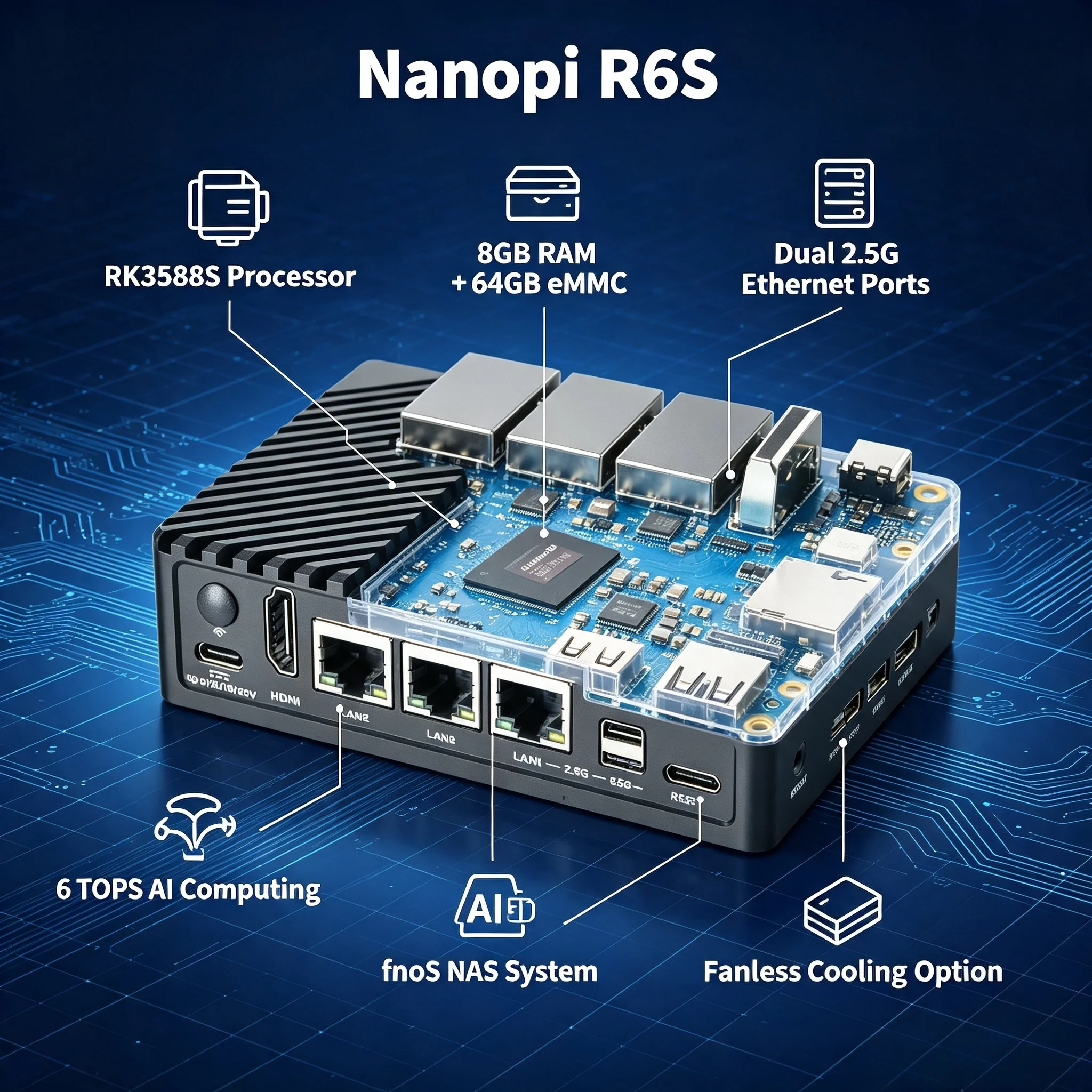 Nanopi R6S Development Board RK3588S 8GB RAM 64GB eMMC Dual 2.5G Ethernet Edge Computing Embedded NAS fnOS Support