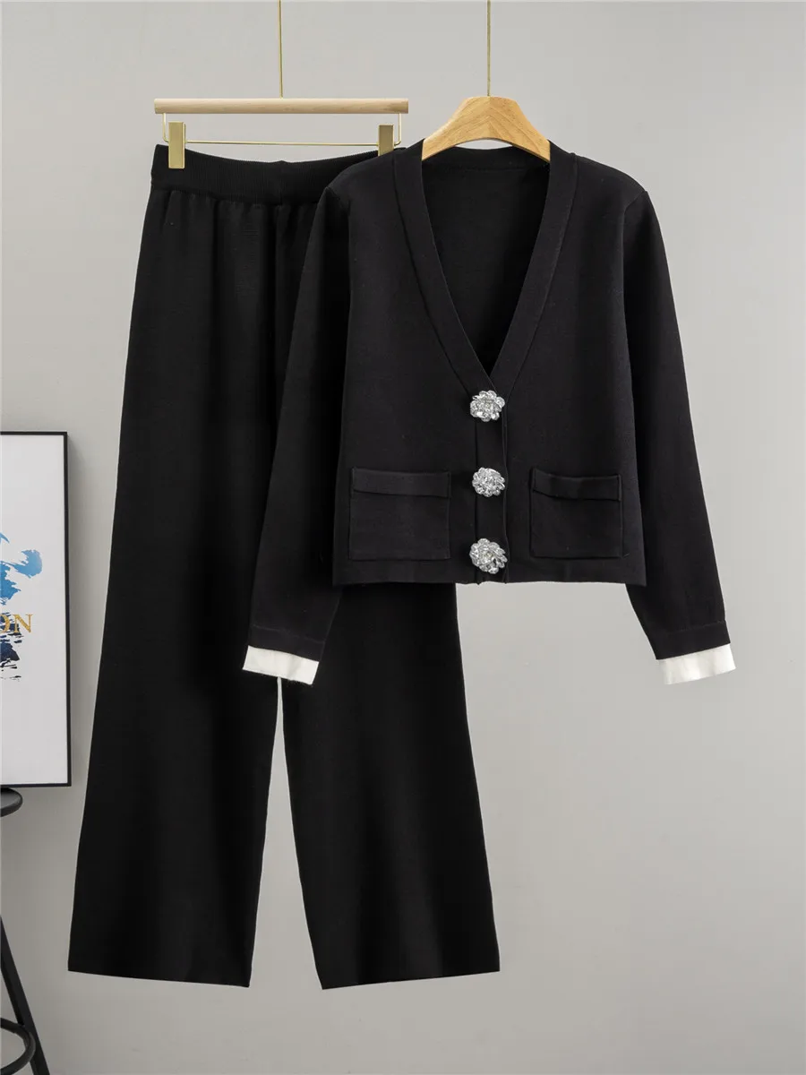 الكورية تصميم محبوك 2 قطعة مجموعات النساء زر كبير الخامس الرقبة طويلة الأكمام سترة القمم Conjuntos عالية الخصر بنطال ذو قصة أرجل واسعة الزي