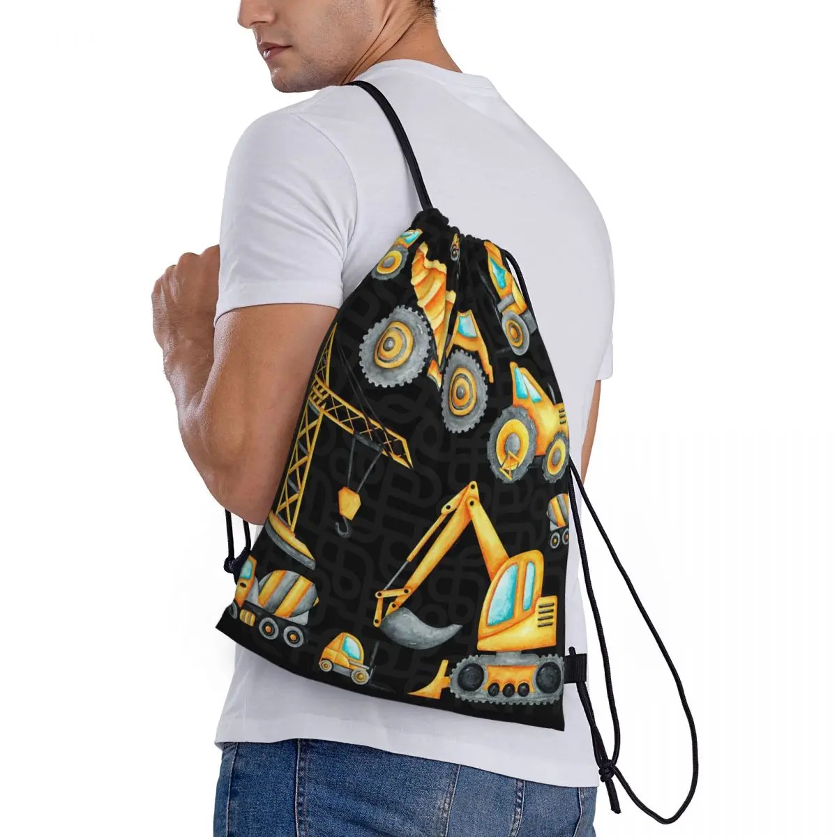 

Yellow Construction Trucks Pattern Backpacks Fashion Drawstring Bags Sports Bag Book Bags for Travel School