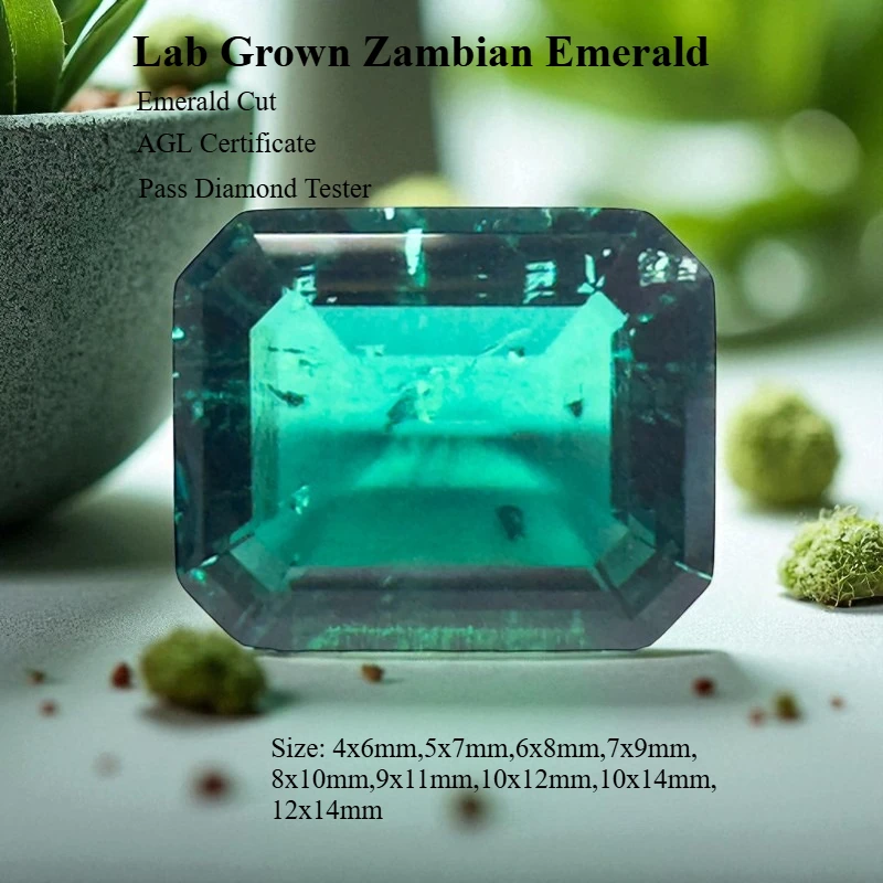 

Lab Grown Zambian Emerald- Hydrothermal, Hand-Cut, Emerald Cut, with Cracks Inclusions, With Certificate For Jewelry
