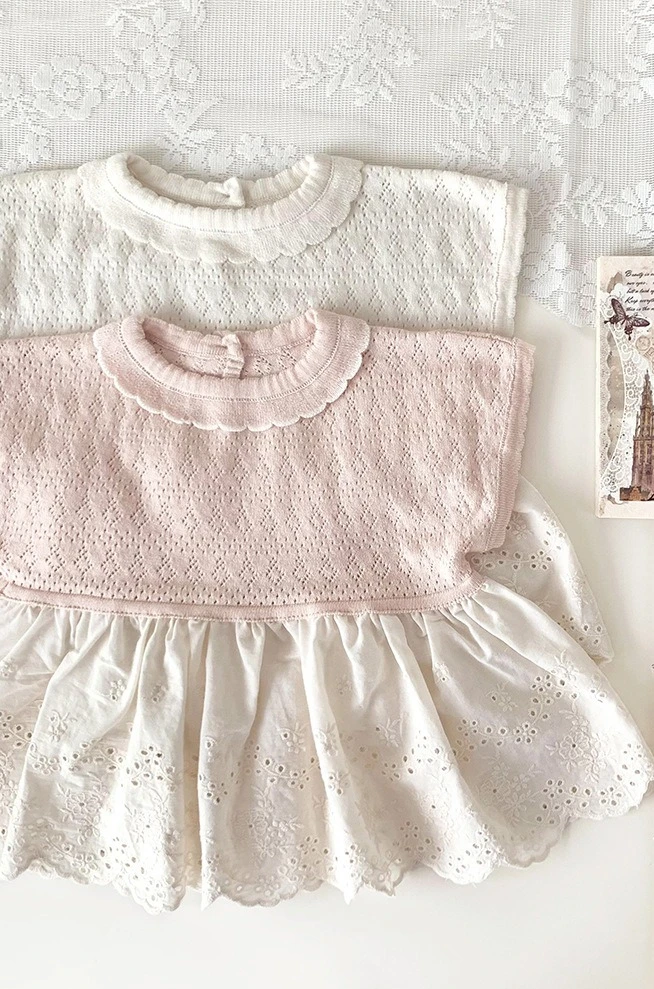Childrens Clothing Baby Girl Short Sleeved Pullover Hollow Top Thin and Cute Round Neck Embroidered Lace Short Sleeved Shirt