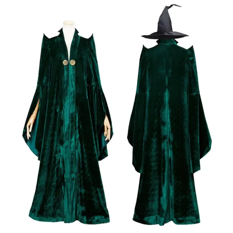 Disfraz de profesor Minerva McGonagall de alta calidad, vestido, capa verde, capa de juego de rol de terciopelo, disfraz de Carnaval de Halloween