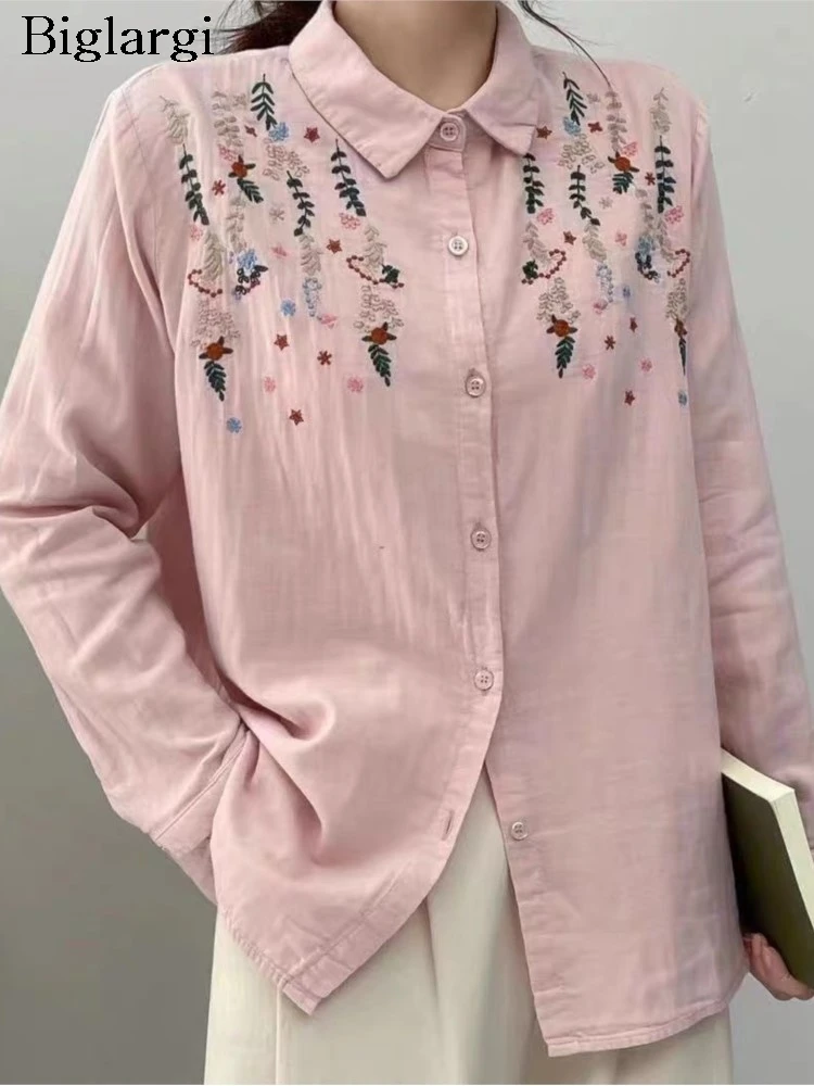 

Oversized Spring Summer Pink Shirts Women Flower Floral Embroidery Fashion Ladies Blouses Casual Loose Long Sleeve Woman Shirt