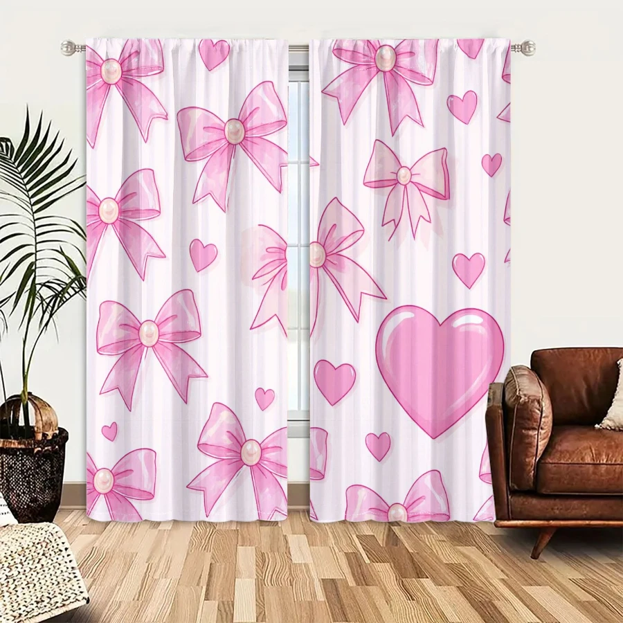 2PCS Digital Printed Curtains, Pink Heart Ribbon Knot Sweet Romantic, Modern Home Decor Style for Living Room Bedroom Decor