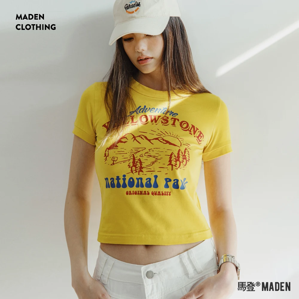 Maden Yellowstone Park Printed Short Sleeve T-Shirt Women Summer Breathable O-Neck Slim T Shirt Contrasting Color Knit Top