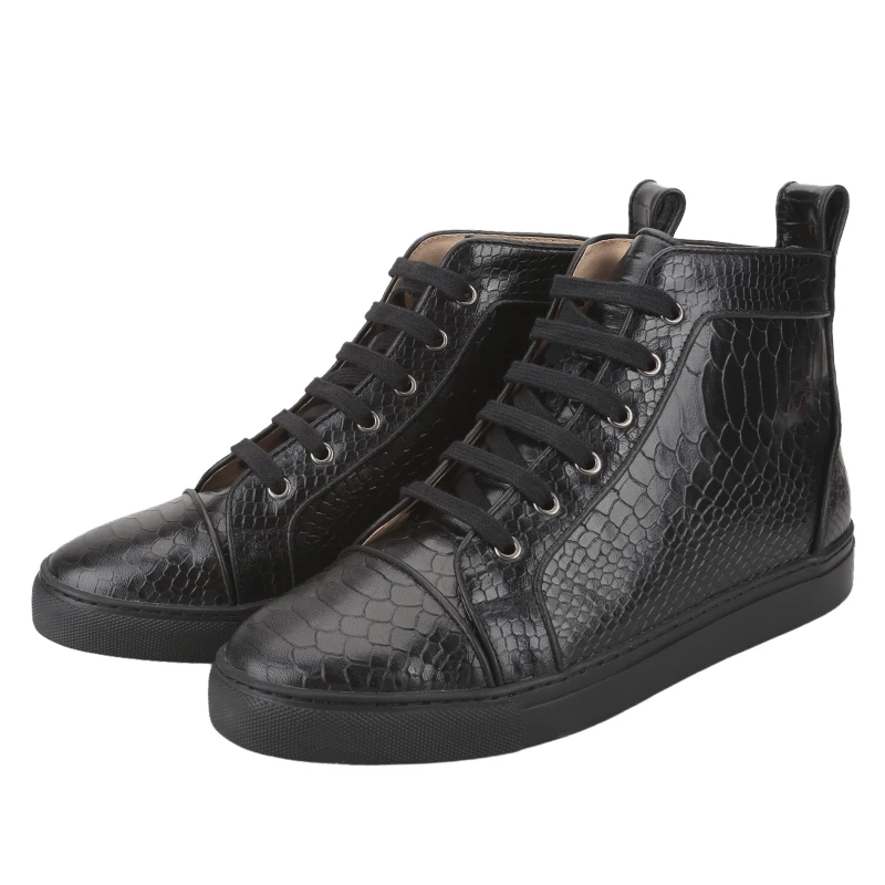 Piergitar 2025 New Design Black Color Crocodile Print Calf Leather Men's High-Top Sneakers Handcrafted Sporty Style Lace Boots