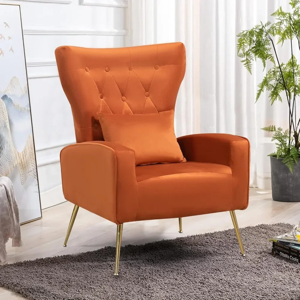 Button-Tufted Living Room Chairs Set of 2, WingBack Velvet Accent Chair Armchair with Lumbar Pillow, Orange, Living Room Chairs