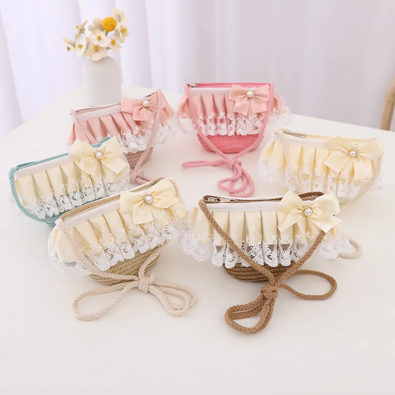 Child Sun Hat Baby Girl Casual Lace Bow Beach Hat Straw Hat Summer Kid Child Holiday Straw Handle Bag Hat Summer Panama