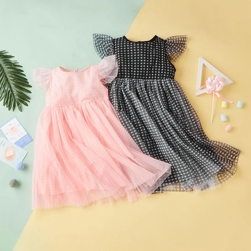

3-7Years Kids Girls Dress Ruffle Sleeve Fashion Mesh Baby Clothes Plaid Design Little Girls Children Summer Dress Princess A472