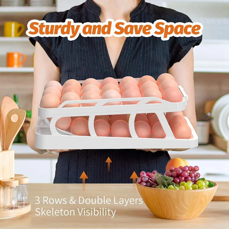 45 Eggs Holder For Fridge, 3 Rows Egg Dispenser,Freshness Ensured With Time Recorder,Space-Saving Rolling Eggs Organizer Durable