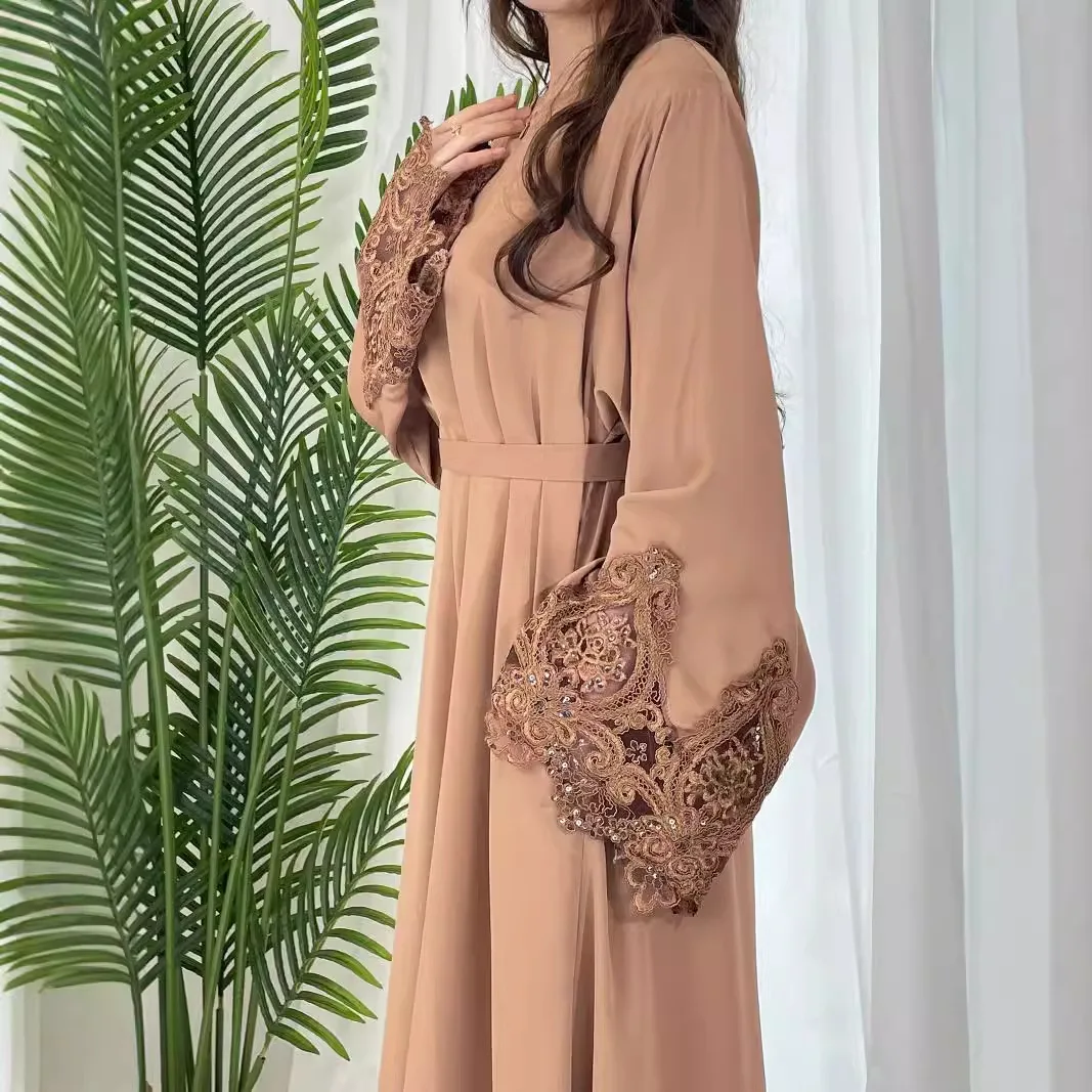 ผู้หญิงยาวหลวมชุด Abaya Robe ใหม่สีทึบดอกไม้ลูกไม้มือซิปชุดสีทึบ