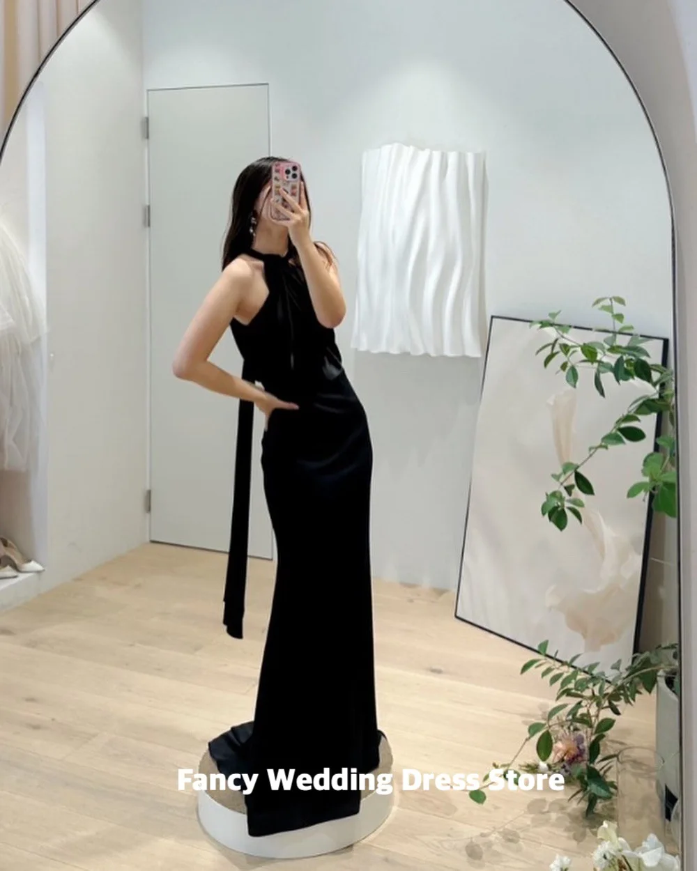 Fancy Simple Halter Black Wedding Dress Mermaid Bridal Gown Korea Women Photo Shoot Elastic Satin Bridal Dresses customized