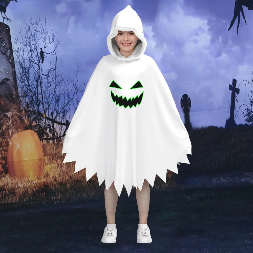 

White Glowing Ghost Face Robe Children's Halloween Cosplay Theme Party Costume Polyester Material No Brand Registered Trademark