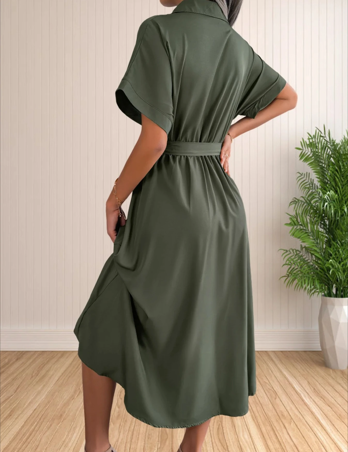 فستان نسائي بياقة صيفي كاجوال بأكمام قصيرة وأزرار أمامية وربطة عنق وخصر مكشكش وحاشية متوسطة الطول