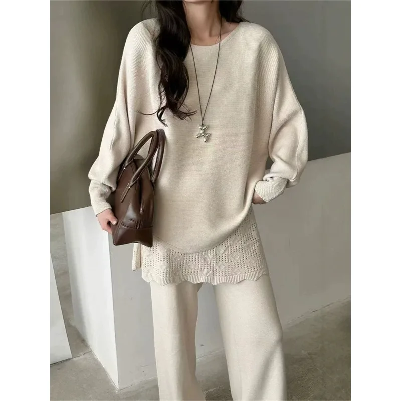 French Classic Solid Round Neck Long Sleeved Loose Knit Shirt Casual Straight Leg Pants Fashion Temperament 2-piece Set 트위드 투피스